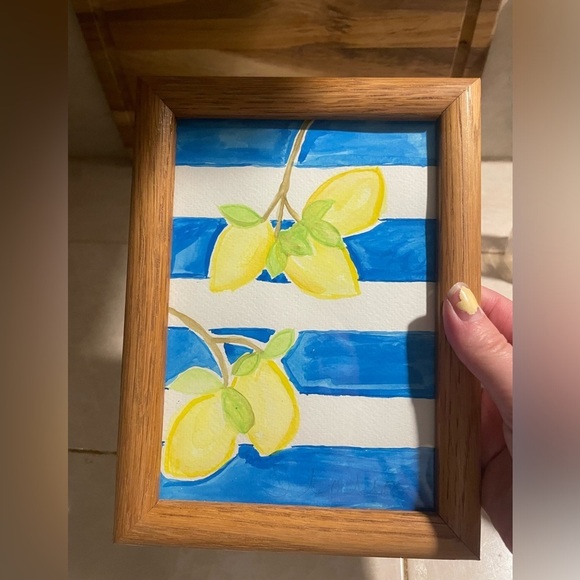 Italian Summer Watercolor Lemon Art with Blue Stripes in Wooden Frame - Picture 5 of 5